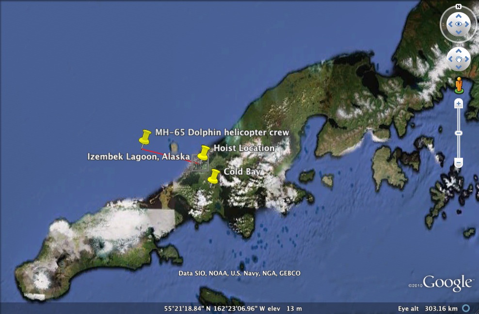 This map shows the approximate position of the hoist of the two rescued Cold Bay resident overdue mariners May 7, 2012. Map courtesy of Google Earth.